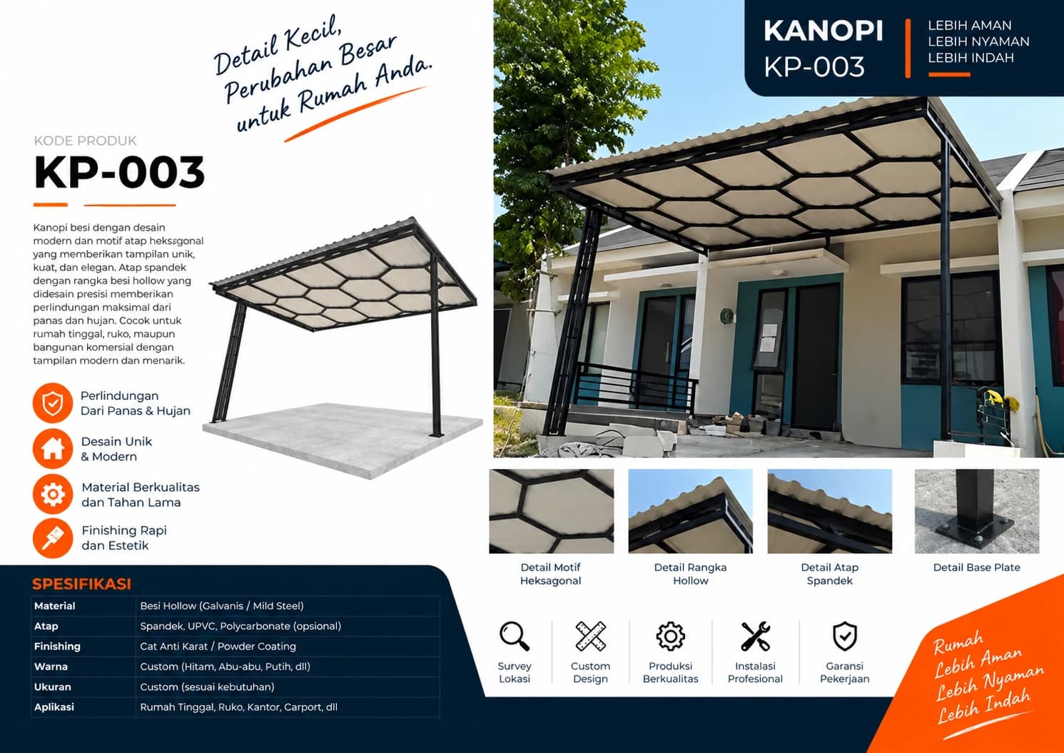 Katalog Kanopi KP-003 — motif atap heksagonal dengan rangka hollow presisi