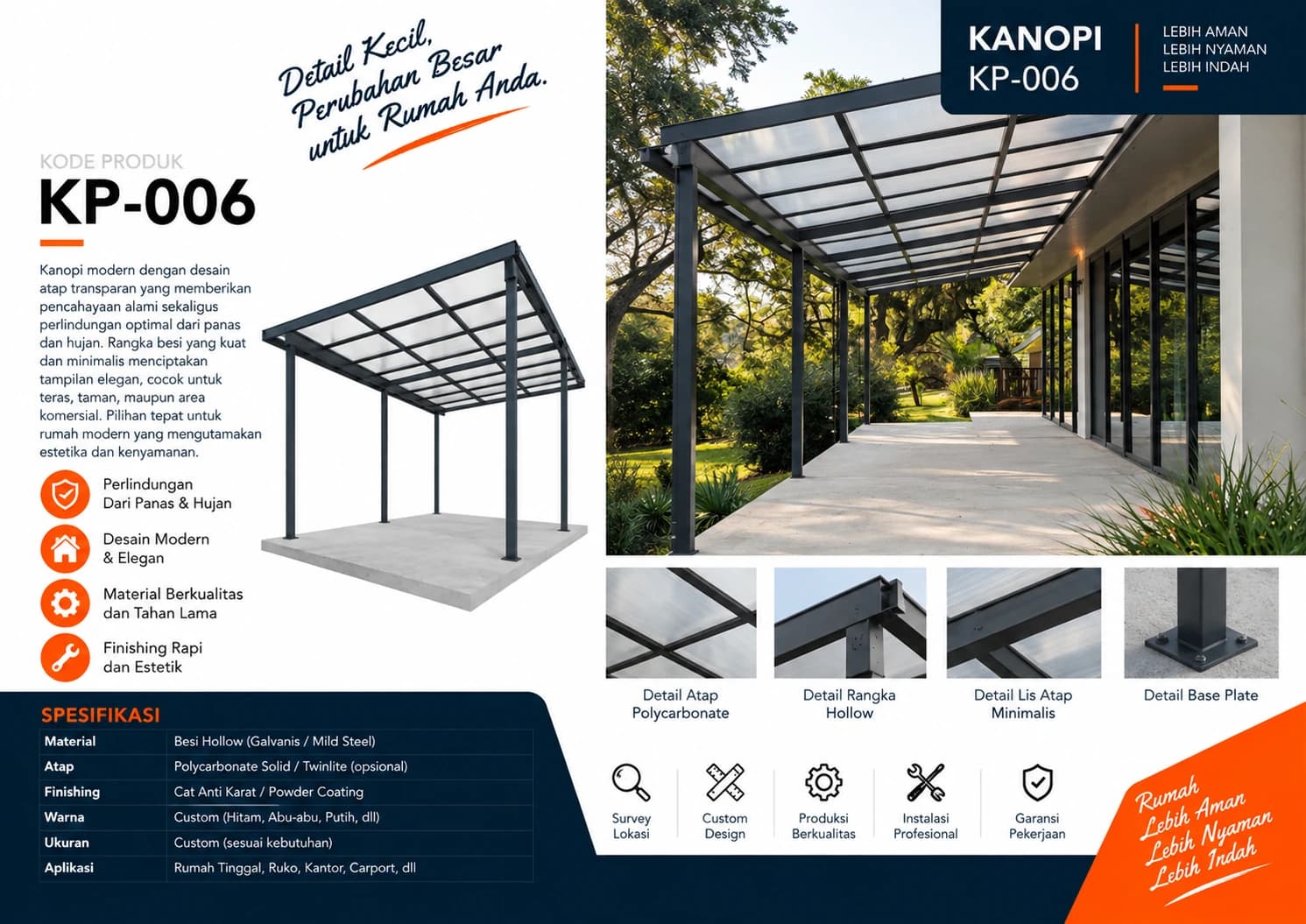 Katalog Kanopi KP-006 — atap polycarbonate transparan untuk pencahayaan alami