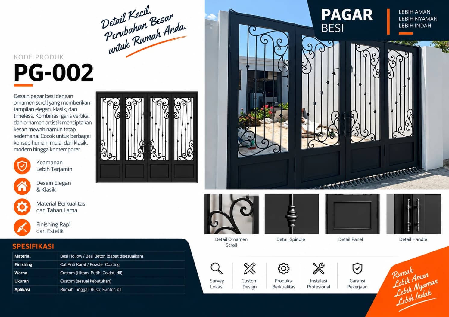 Katalog Pagar Besi PG-002 — ornamen scroll elegan dengan panel solid pada gerbang rumah
