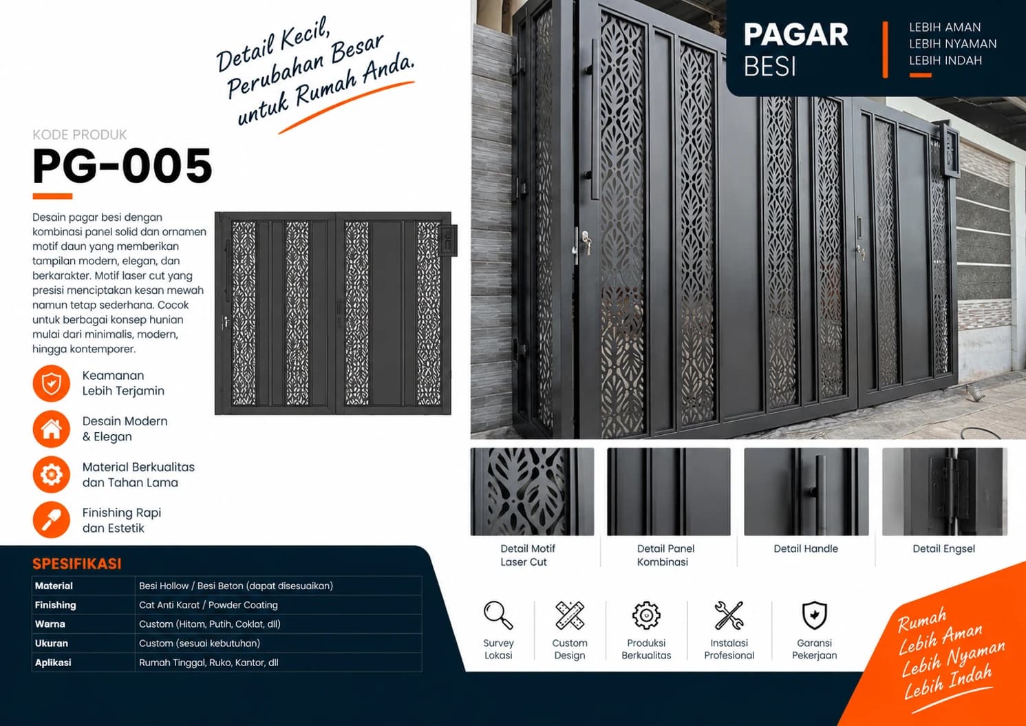 Katalog Pagar Besi PG-005 — laser cut motif daun pada panel pagar besi