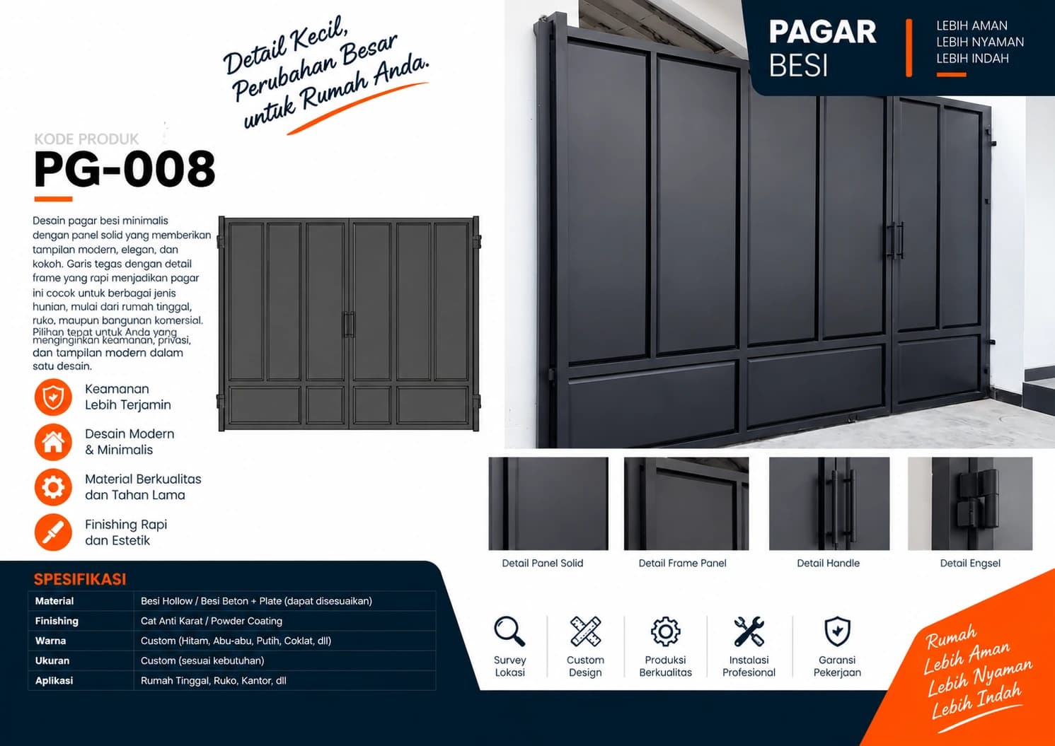 Katalog Pagar Besi PG-008 — panel solid minimalis dengan frame rapi