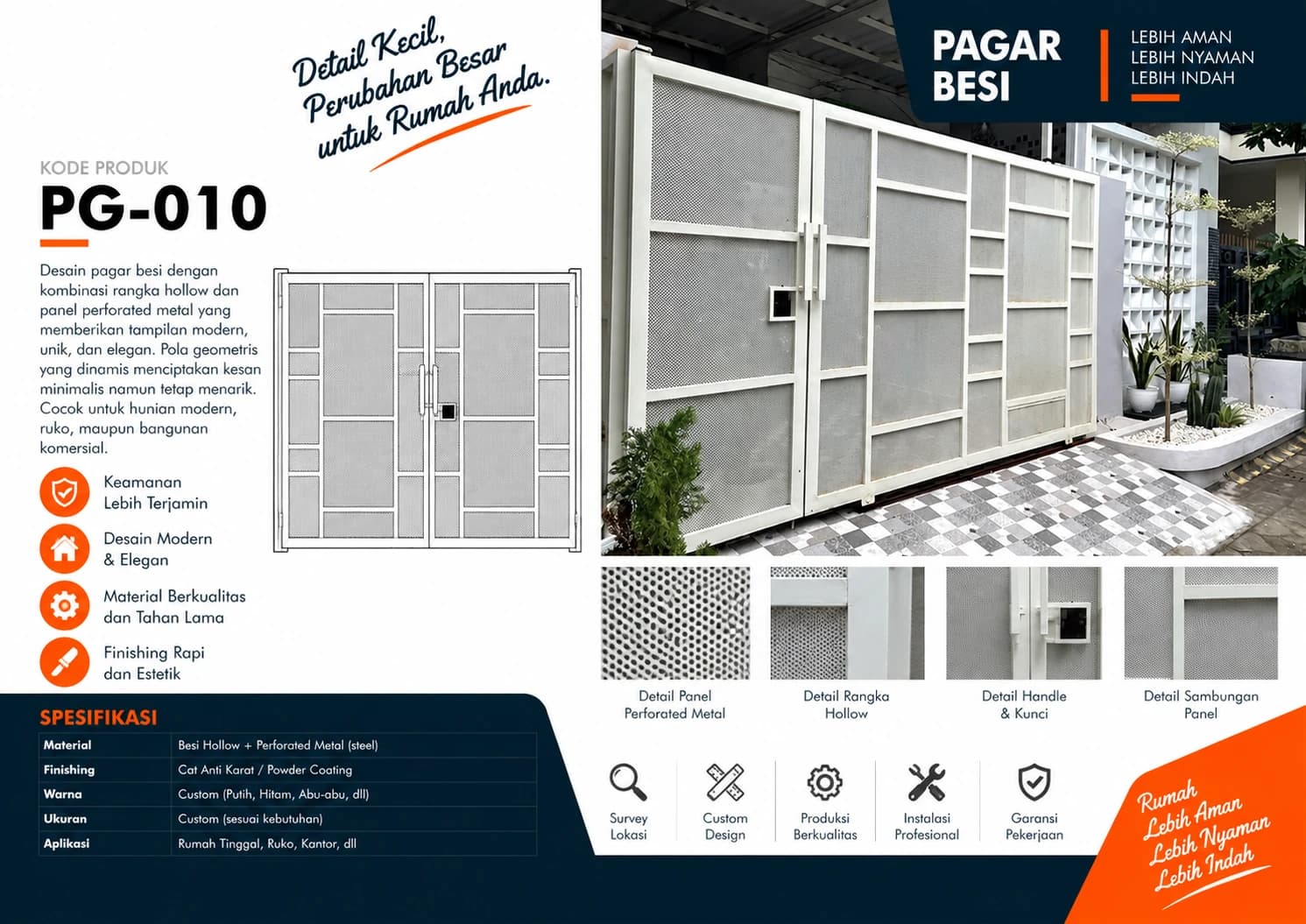 Katalog Pagar Besi PG-010 — panel perforated metal dengan rangka hollow putih