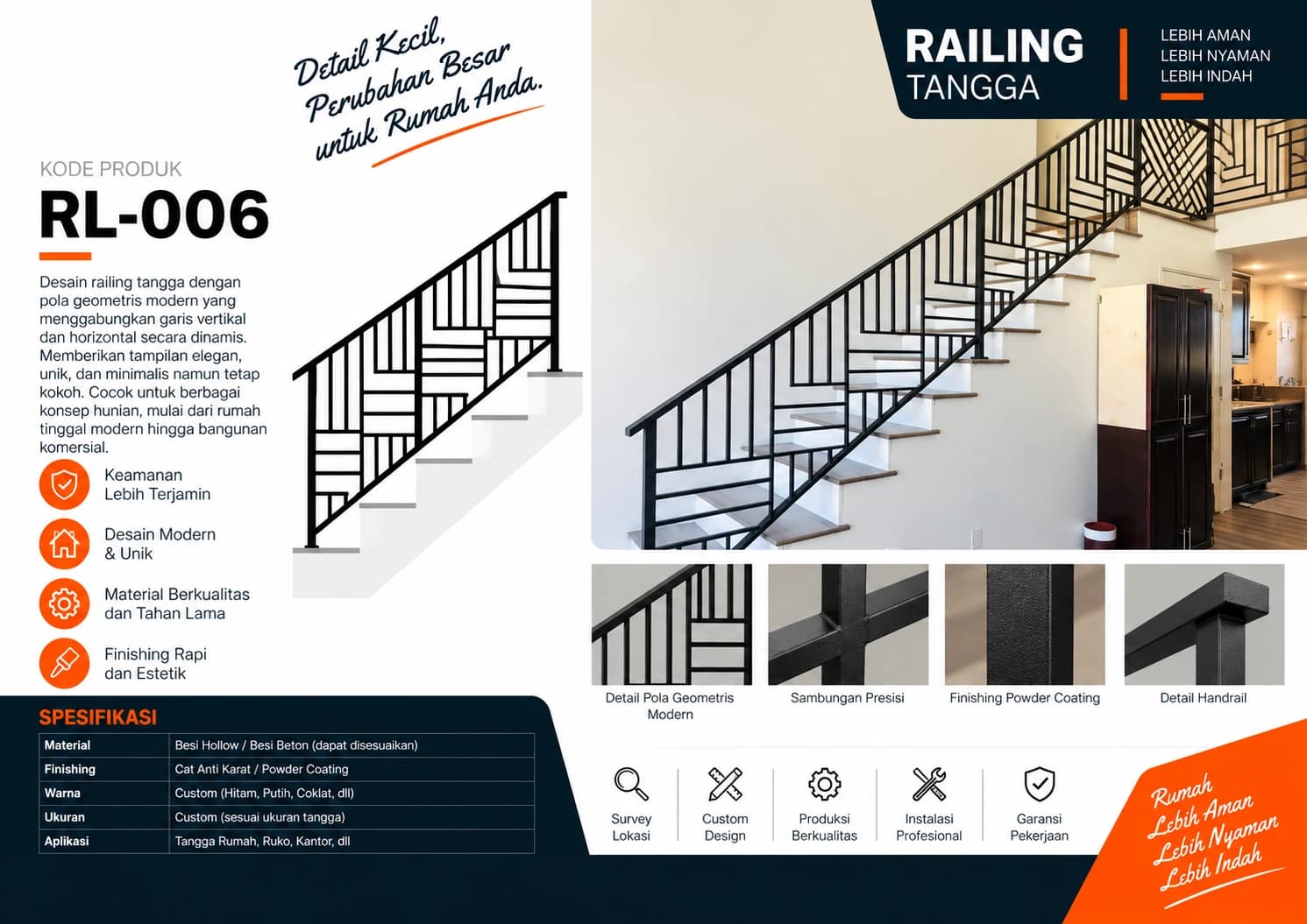 Katalog Railing RL-006 — pola geometris dinamis garis vertikal dan horizontal