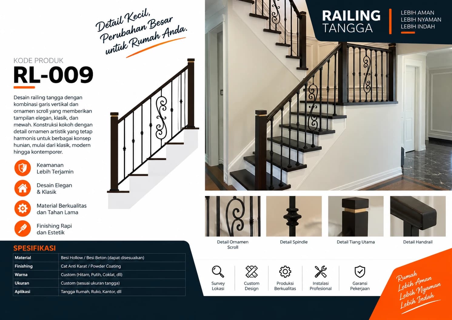 Katalog Railing RL-009 — ornamen scroll klasik dengan tiang kayu