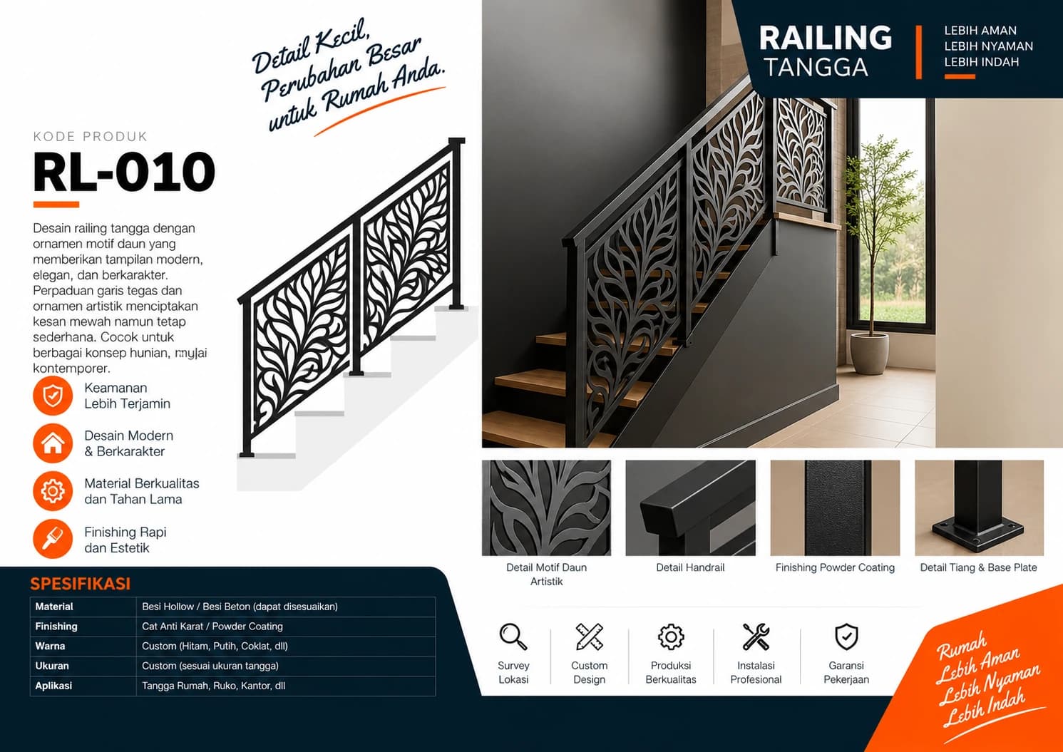 Katalog Railing RL-010 — ornamen motif daun artistik pada railing tangga