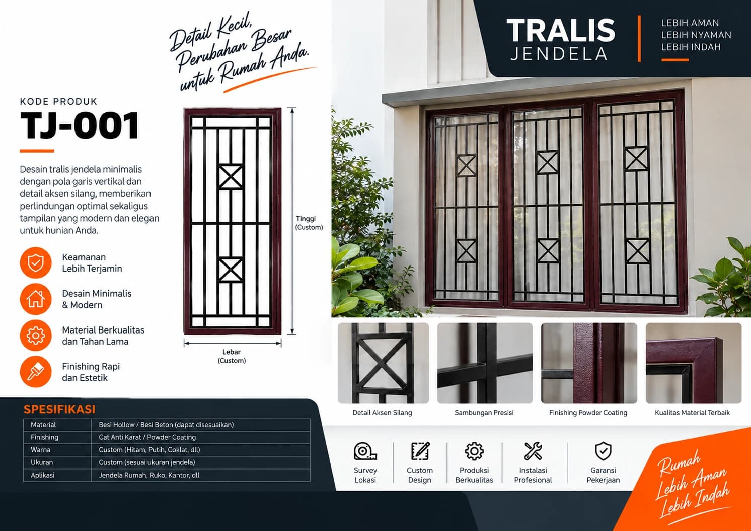 Katalog Teralis Jendela TJ-001 — pola garis vertikal dengan aksen silang