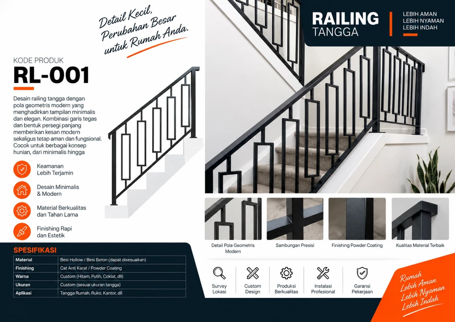 Katalog Railing RL-001 — pola geometris modern pada tangga rumah