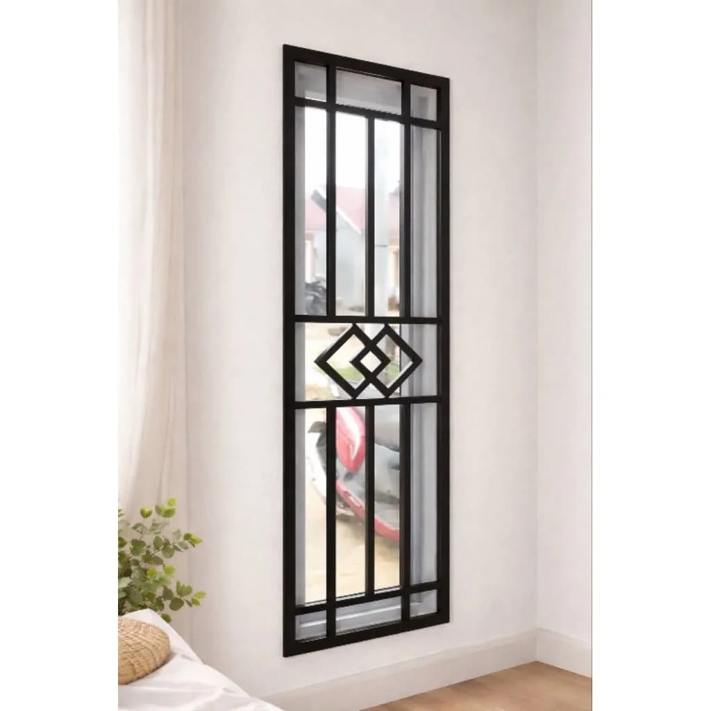 Teralis jendela minimalis dengan bingkai hitam pada interior kamar