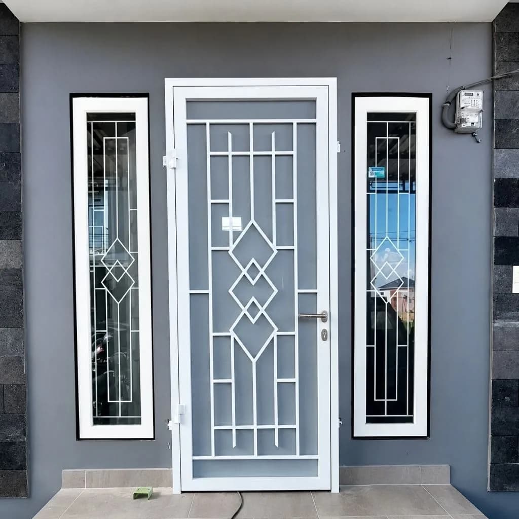 Teralis pintu dan jendela motif belah ketupat pada rumah minimalis